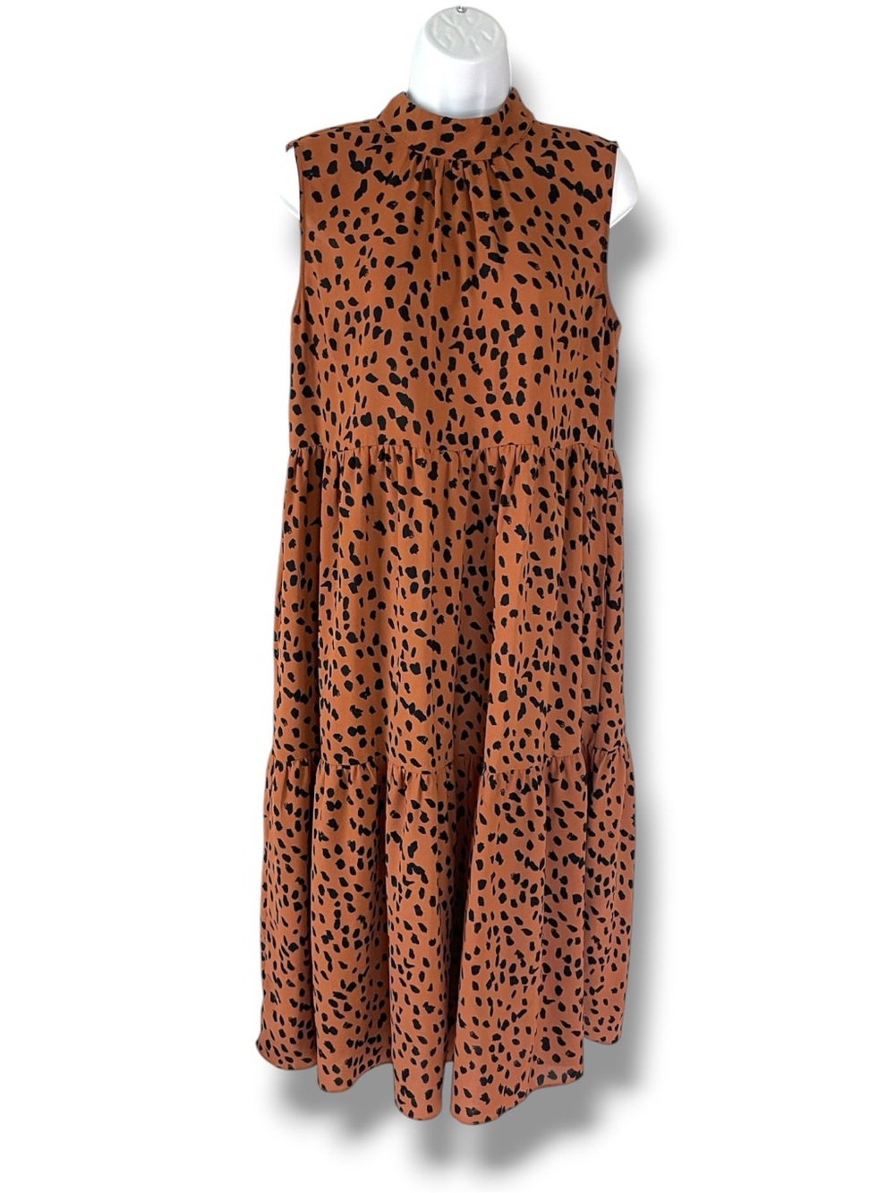 Calista Leopard Print Dress Bow Tie Neck Sleeveless Tiered Quiet Luxury Y2K - Picture 2 of 9